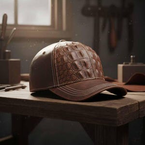 May include: A brown baseball cap with a textured, crocodile-like pattern on the front panel. The cap features a curved brim and white stitching details. The hat is made of leather and sits on a wooden surface.