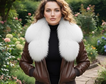 Handmade Lambskin Leather jacket with  Fox Fur Collar , Lederjacken Fur Damen , Foxfell Jacken