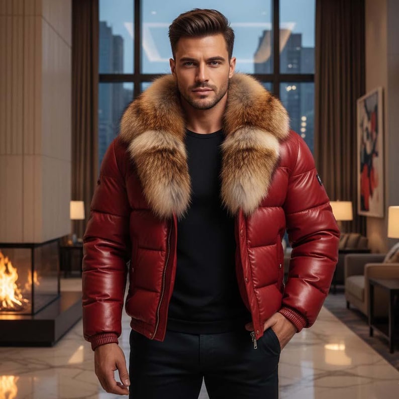 May include: A red puffer jacket with a fur collar. The jacket has a glossy finish and a zipper closure. The fur collar is a mix of brown and tan colors. The person in the image is wearing a black shirt and black pants.