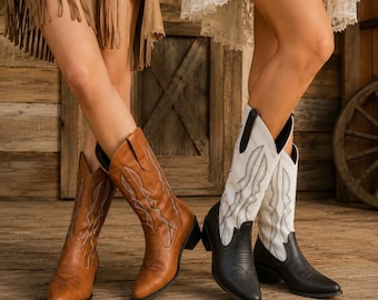 Embroidered Western Cowgirl Boots, PU Leather Mid-Calf, Block Heel Country Rodeo Footwear