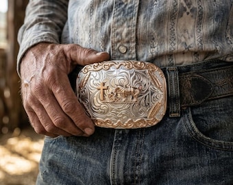 Praying Cowboy Belt Buckle – Christian Cross, Feathers, Rose Gold Silver Tone