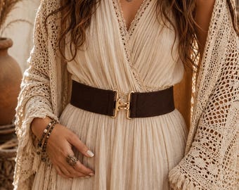 Wide Elastic Belt, Gold Hook Buckle, Boho Waist Cinch Accessory