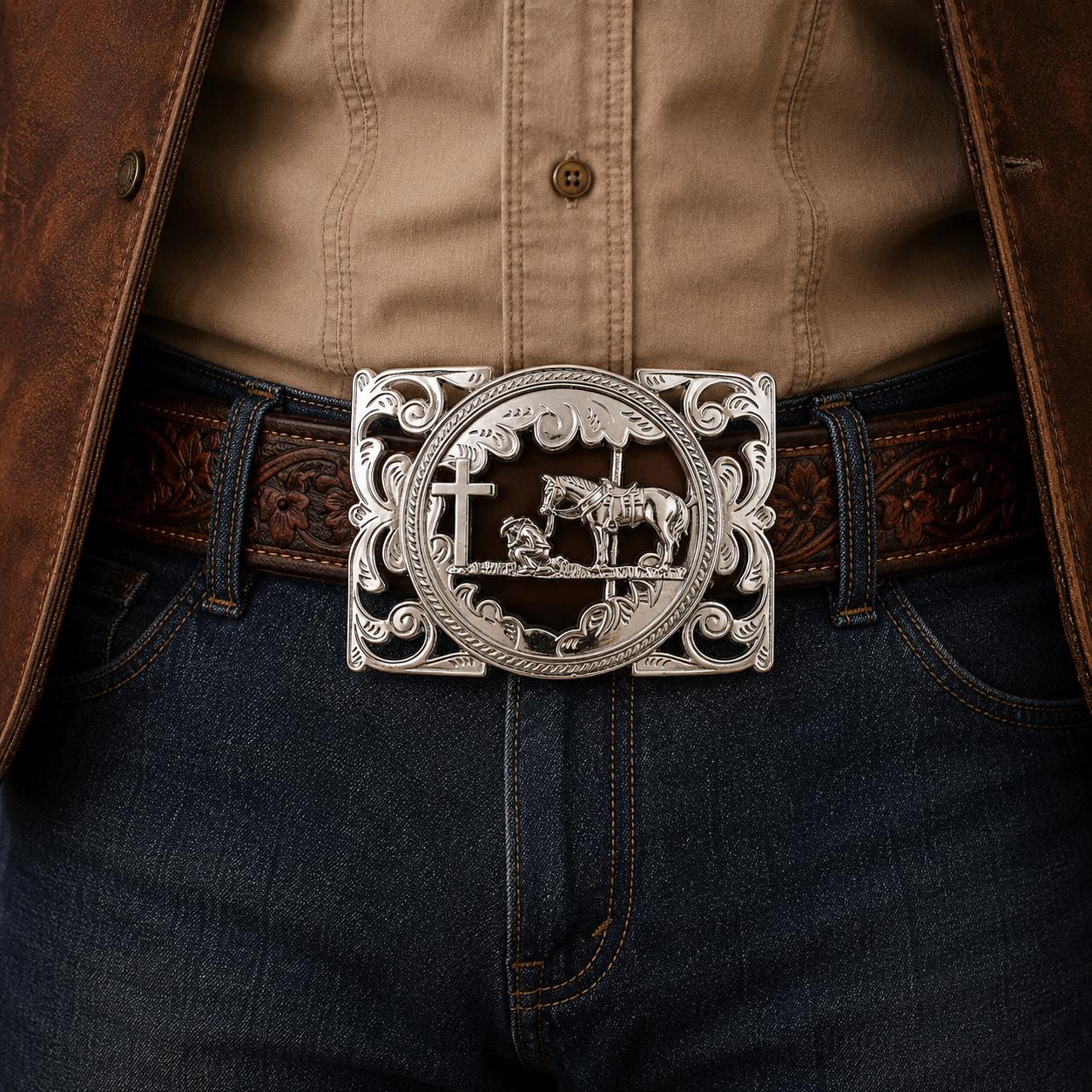Silver Praying Cowboy Belt Buckle - Western Rodeo Cross Design, Zinc Alloy