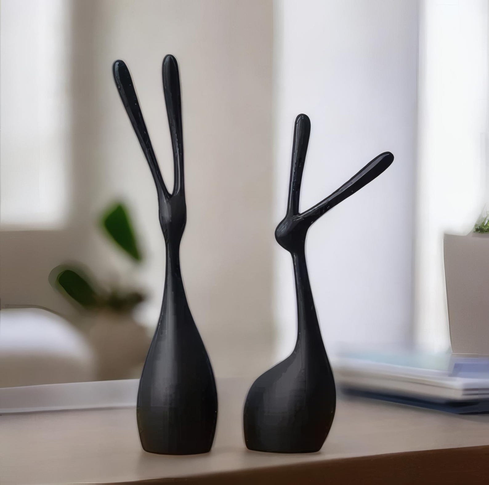 Set of 2 Resin Rabbit Figurines | Modern Animal Art for Home, Wedding ...