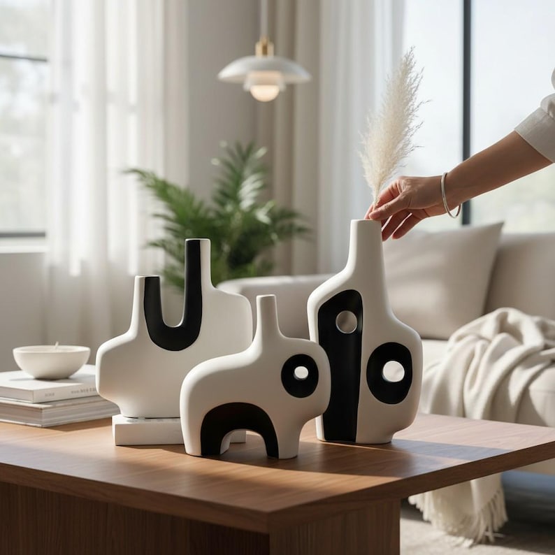 Black and White Geometric Ceramic Vase | Modern Abstract Style | Tabletop Home Decor image 1