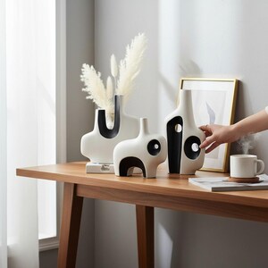 Black and White Geometric Ceramic Vase | Modern Abstract Style | Tabletop Home Decor image 3