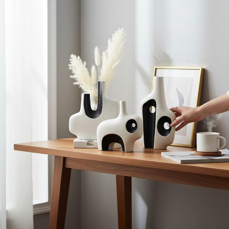 Black and White Geometric Ceramic Vase | Modern Abstract Style | Tabletop Home Decor image 3