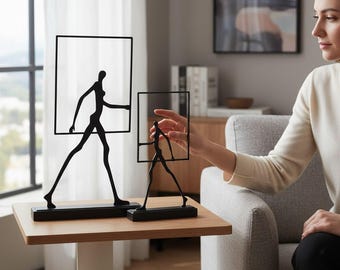 Abstract Wrought Iron Figurine | Modern Metal Sculpture | Walking People Home Decor