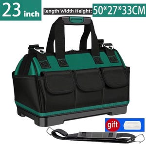 Peut inclure: Un sac à outils noir et vert avec trois poches avant et une poignée supérieure. Le sac mesure 58 cm de long, avec des dimensions de 50cm x 27cm x 33cm. Comprend une bandoulière amovible et une petite boîte cadeau.