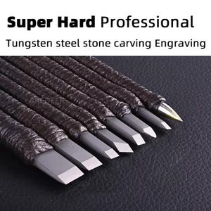May include: A set of professional stone carving tools with dark brown leather-wrapped handles. The tools have gray metal blades with sharp, angled edges. Text at the top reads "Super Hard Professional" and "Tungsten steel stone carving Engraving".