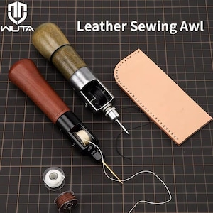 May include: Two leather sewing awls with wooden handles and metal parts are shown. One awl has a brown handle, the other a green handle. A piece of tan leather and spools of thread are also visible. The text "Leather Sewing Awl" is at the top.
