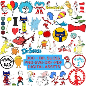May include: A collection of Dr. Seuss-themed digital assets, including characters like the Cat in the Hat, Thing 1 and Thing 2, and illustrations from "Seussical Jr." The image features various colorful graphics and text.