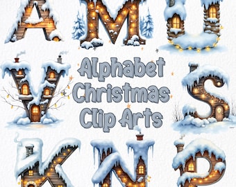 36個のクリスマスアルファベットと数字PNG、クリスマスクリップアート、クリスマススノー、クリスマスコージーABC、クリスマスフォント、カード作成、印刷可能