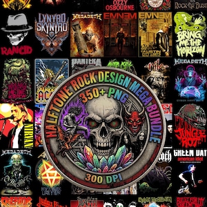 Op de afbeelding: Een digitale collectie van muziekgerelateerde grafische ontwerpen met bandlogo's, schedels en concertafbeeldingen. Het centrale ronde embleem toont een schedel, kristallen en de tekst "HALFTONE ROCK DESIGN MEGA BUNDLE 350+ PNG 300 DPI", omringd door diverse posters van rock- en metalbands.