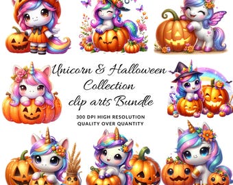 Unicorn Halloween Clipart Bundle | 16 PNG Digital Download | 300 DPI Sublimation Design | Spooky Printable for T-Shirt Mug & Crafts