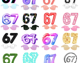May include: A collection of various stylized number 67 designs. The numbers are rendered in diverse styles, including 3D effects, patterns, and textures. Each design is paired with a graphic of cupped hands.