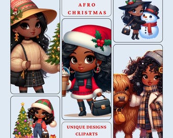 African Christmas Clipart bundle, 20 PNG Digital Download, Afro Art, Black Girl Illustrations for Sublimation, card & crafts , Printable