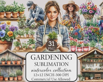 31 Gardening Clipart, Water Color Clipart, Spring Garden Graphics, Garden Flowers Png, Gardening Equipment Png, Instant Digital Download