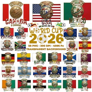 以下が含まれることがあります： 2026年ワールドカップをテーマにしたグラフィックのコレクション。参加国の国旗、サッカーボール、そして「World Cup 2026」のテキストが表示されています。アメリカ、カナダ、メキシコなどの国旗が含まれています。透明な背景。