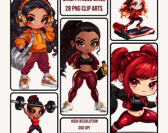 28 Chibi Fitness Clipart for Girls | Workout PNG Bundle | Gym Exercise Illustrations | Cute Trainer Graphics | 300 DPI Digital Download PNG