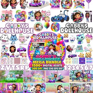 Może przedstawiać: Cyfrowa kolekcja zasobów Gabby's Dollhouse przedstawiająca Gabby i różne postacie kotów w kolorowych scenach, w tym pojazdy, tęcze, balony oraz tekst Gabby's Dollhouse Mega Bundle 1500+ Digital Assets 300 DPI, PNG-SVG-EPS-DXF ZVTSRP 1234567.