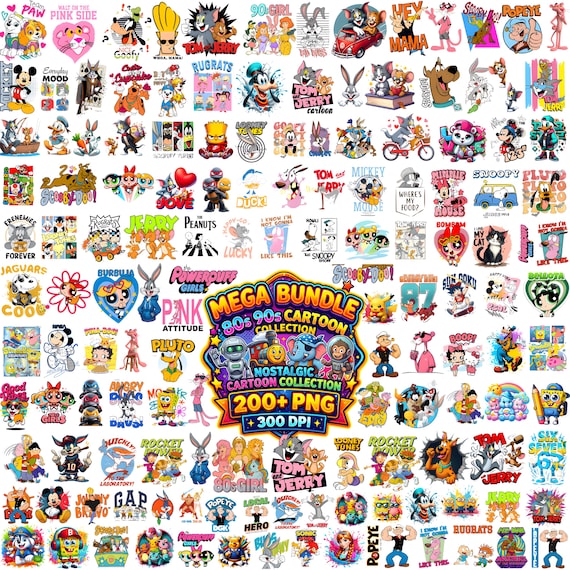 Mega 80s 90s Cartoon png bundle, Nostalgic Retro Cartoons Sublimation Design, Digital Download 300 DPI PNG Clipart for Shirts T-shirt DTG