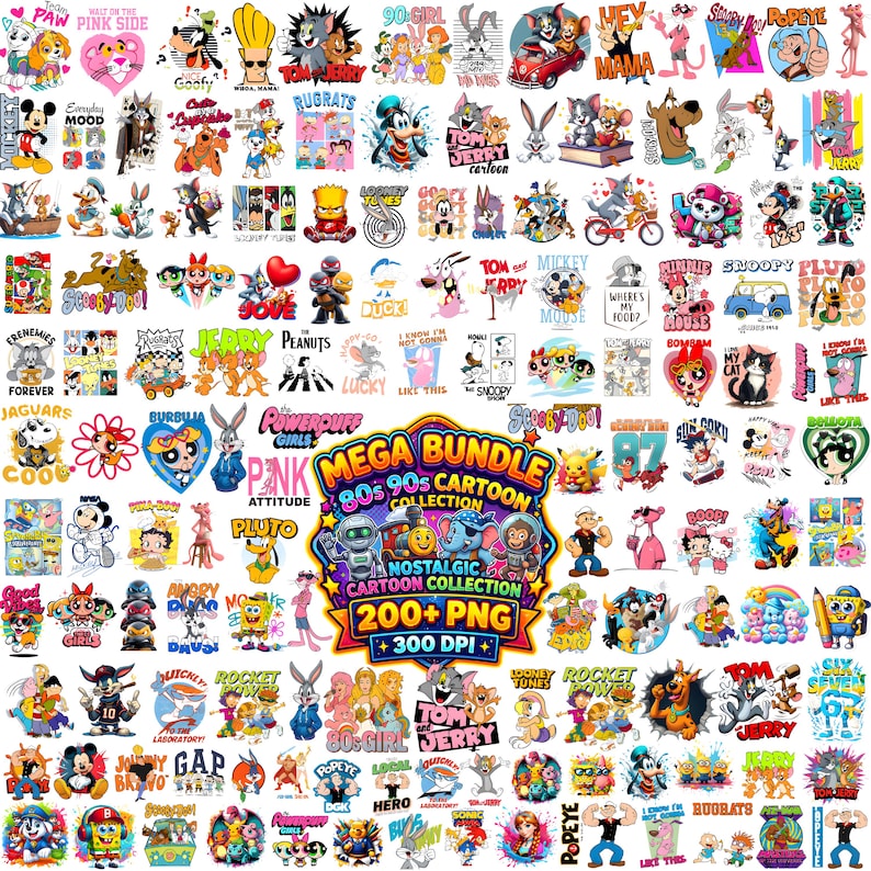 May include: A digital collection of over 200 cartoon character graphics featuring various 80s and 90s animated icons like Tom and Jerry, Scooby-Doo, Popeye, and The Powerpuff Girls, arranged in a grid with a central Mega Bundle text label.