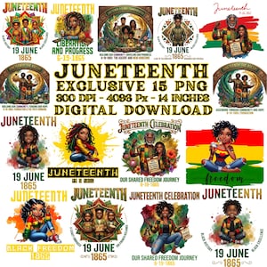 May include: A collection of Juneteenth-themed digital graphics. The designs feature illustrations of people, dates, and phrases like "Black History" and "Freedom." The color palette includes red, yellow, green, and black.