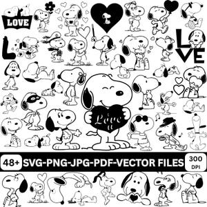 May include: A collection of black and white line art illustrations featuring the cartoon character Snoopy in various poses, including holding hearts, balloons, and letters. The text 48+ SVG-PNG-JPG-PDF-VECTOR FILES 300 DPI is displayed at the bottom.