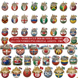 May include: A collection of 57 digital assets featuring soccer balls designed with flags and landmarks representing countries participating in the 2026 World Cup. Each design includes the year "2026". The text "57 PNG - WORLD CUP 2026 BUNDLE" is also present.