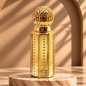 May include: A hexagonal glass perfume bottle featuring gold-toned vertical accents and a repeating diamond pattern. The bottle is topped with a spherical, textured gold cap that has a reflective finish, creating a metallic appearance.