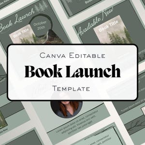 May include: A Canva editable book launch template with a forest theme. The design features a central title, "Book Launch," and various sections for book details, including a date, title, and author information. The color scheme is primarily green and white.