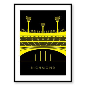 May include: A framed graphic art print featuring a stylised yellow and black illustration of a stadium with three tall light towers and goal posts. The word RICHMOND is printed in a clean, sans-serif font at the bottom of the black background.