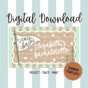 Op de afbeelding: Digitaal downloadbare banner sjabloon voor een vrijgezellenfeest. Het ontwerp toont een vlag met de tekst "Camp Bach" en "Elizabeth's bachelorette". De banner is bruin met witte en groene accenten en een bruine ster.