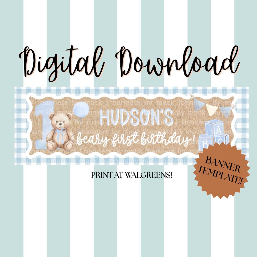 Beary First Birthday Printable Banner Template | Editable 2'x6' Canva ...