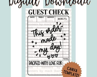 Puede incluir: Una plantilla de nota de pedido para descarga digital con el texto "This order made my day!" y "PACKED WITH LOVE FOR:" en tinta negra sobre fondo blanco. Una forma de estrella marrón incluye el texto "CANVA TEMPLATE!" en letras mayúsculas.