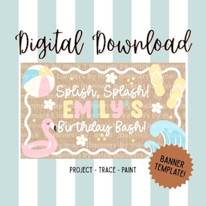 Peut inclure: Un modèle de bannière rectangulaire avec un fond en papier kraft et une bordure blanche festonnée. Il affiche le texte Splish, Splash! EMILY'S Birthday Bash! entouré d'illustrations de ballon de plage, flamant rose, tongs et vagues.