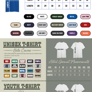 Puede incluir: Imagen de una camiseta unisex Gildan con opciones de tallas y colores. Se proporcionan las dimensiones de la camiseta, con anchos que van de 45,7 cm a 81,3 cm y largos de 71,1 cm a 88,9 cm. Muestras de color incluyen negro, blanco y rojo.