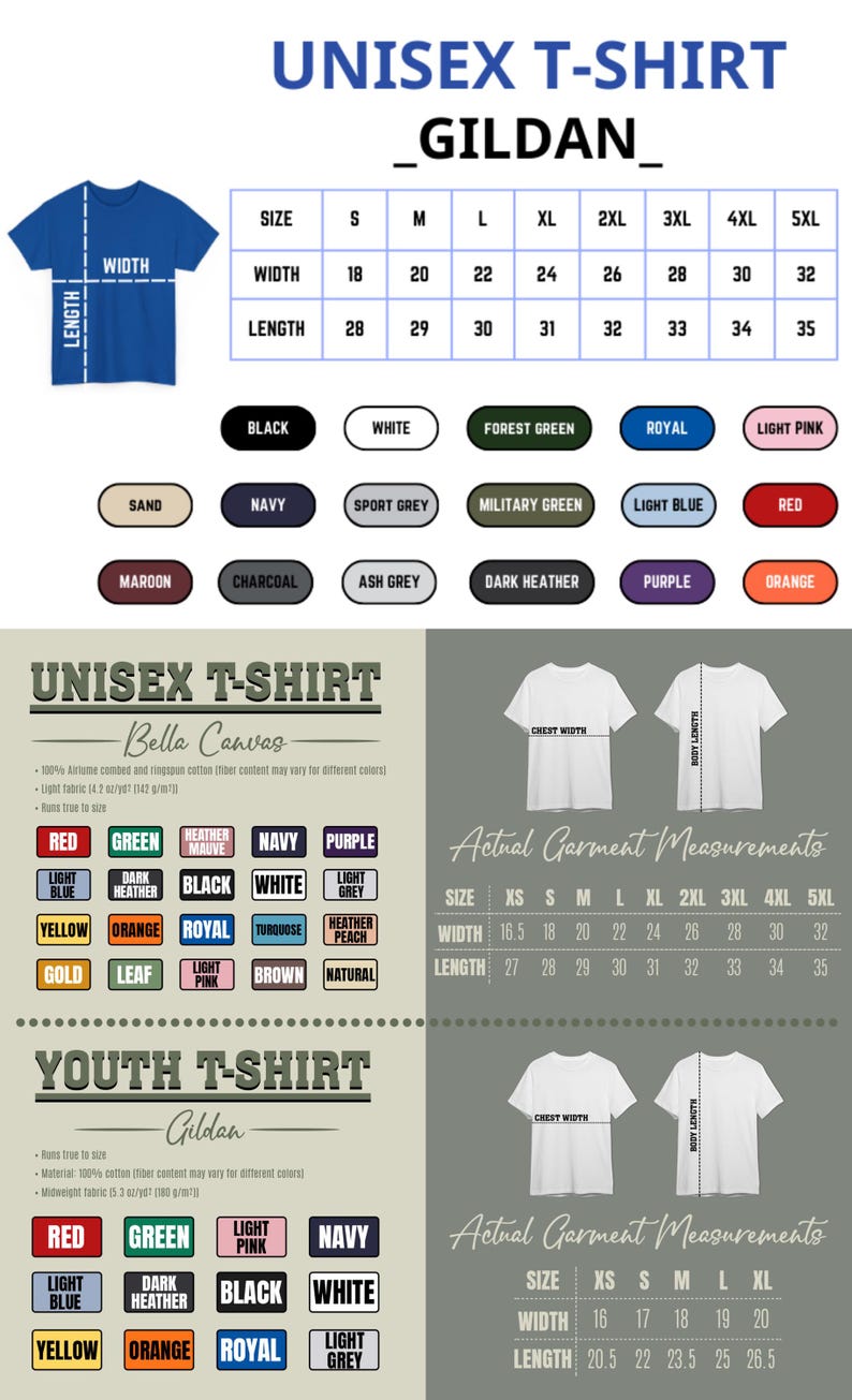 Puede incluir: Imagen de una camiseta unisex Gildan con opciones de tallas y colores. Se proporcionan las dimensiones de la camiseta, con anchos que van de 45,7 cm a 81,3 cm y largos de 71,1 cm a 88,9 cm. Muestras de color incluyen negro, blanco y rojo.