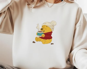 Diseño de bordado de Winnie Pooh con chocolate caliente: Patrón de bordado a máquina "Invierno acogedor" (Descarga digital)
