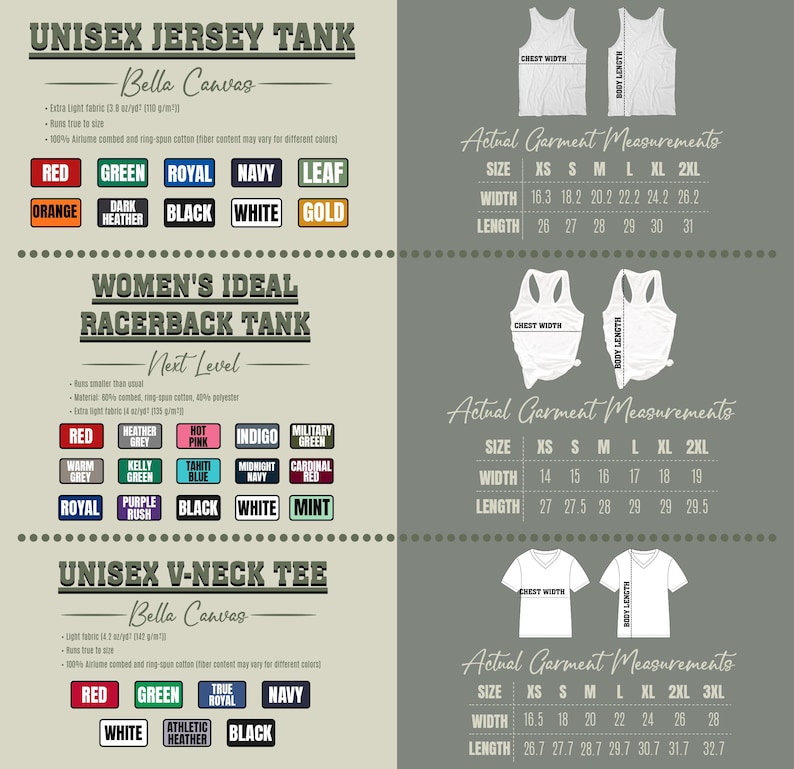 Puede incluir: Imagen que muestra varios estilos de camisetas y opciones de color, incluyendo camisetas sin mangas unisex, camisetas sin mangas racerback para mujeres y camisetas con cuello en V unisex. Las muestras de color incluyen rojo, verde y azul marino. Tambi&eacute;n se proporcionan medidas de la prenda.