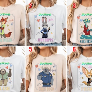 Puede incluir: Seis camisetas con personajes de la pel&iacute;cula animada "Zootr&oacute;polis". Cada camiseta muestra un personaje diferente: Nick Wilde, Judy Hopps, Gary Desnake, Flash, Chief Bogo y Finnick, con sus nombres y el logo de la pel&iacute;cula.