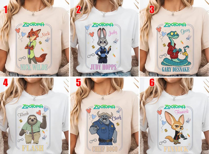 Puede incluir: Seis camisetas con personajes de la pel&iacute;cula animada "Zootr&oacute;polis". Cada camiseta muestra un personaje diferente: Nick Wilde, Judy Hopps, Gary Desnake, Flash, Chief Bogo y Finnick, con sus nombres y el logo de la pel&iacute;cula.