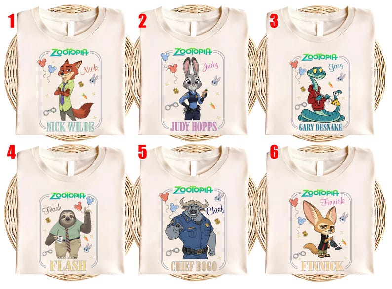 Puede incluir: Seis camisetas color crema con personajes de la pel&iacute;cula animada "Zootopia". Cada camiseta muestra un personaje diferente: Nick Wilde, Judy Hopps, Gary Desnake, Flash, Chief Bogo y Finnick, con sus nombres debajo. Las camisetas tienen cuello redondo.