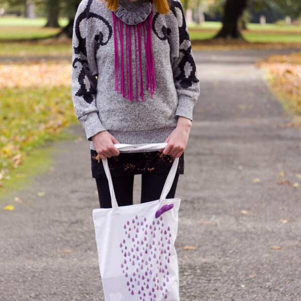 Macrame fringe statement necklace purple and grey made of recycled clothes