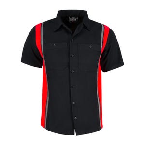 May include: Black short-sleeved work shirt with red and grey side stripes. The shirt features two chest pockets, a button-down front, and a collar. The shirt is made of a durable material.