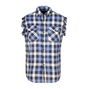 May include: A sleeveless flannel shirt in a blue, black, and white plaid pattern. The shirt has two chest pockets and a button-down front. The shoulders are fringed. The collar is button-down.