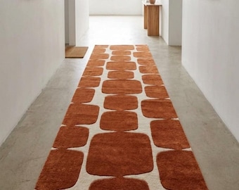 Modern Rust Orange Checkerboard Rug Runner, Mid Century Handmade Wool Tufted Hallway Carpet, Geometric Terracotta Rug