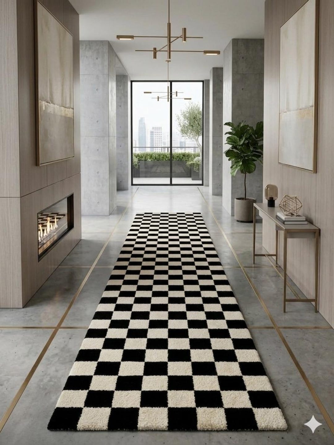 Checkerboard Hand-tufted Wool Runner Rug, Black and White Large Hallway ...