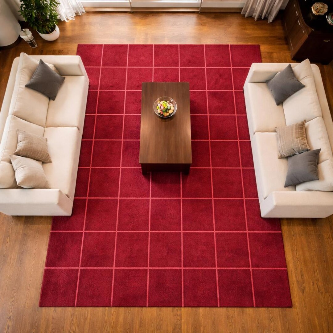 Red Pattern Lounge Rug Red Checkered Area Rug, Modern Grid Pattern Wool Rug, Hand Tufted ...